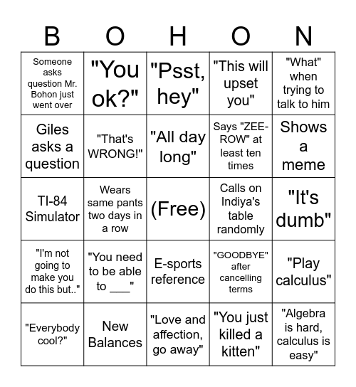 Mr. Bohon Bingo Card