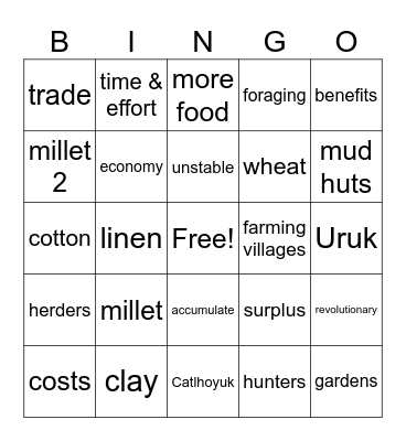 Early Agriculture Bingo Card