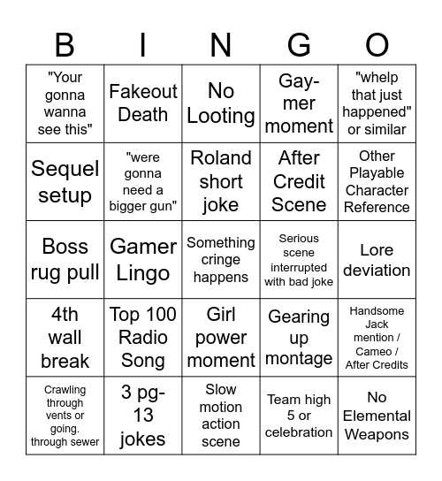 Borlands Movie Bingo Card