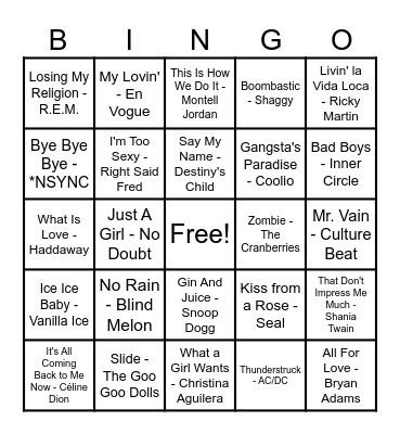 90's Hits! Bingo Card