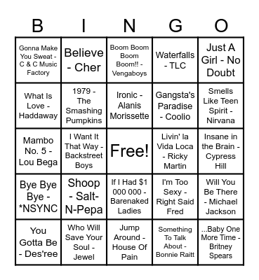 90's Hits! Bingo Card