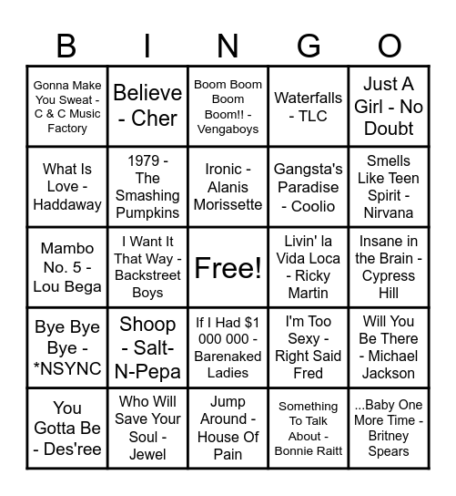 90's Hits! Bingo Card
