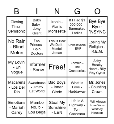 90's Hits! Bingo Card