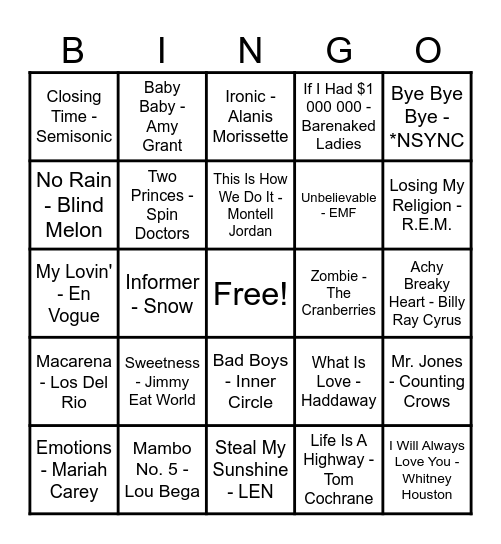 90's Hits! Bingo Card