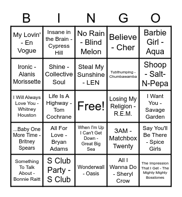 90's Hits! Bingo Card