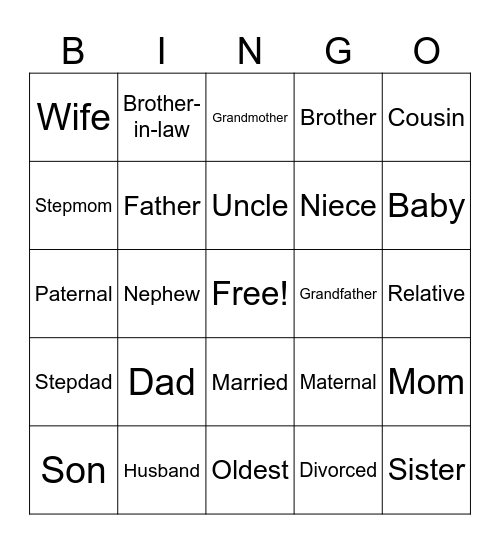 Family Vocabulary Bingo Card