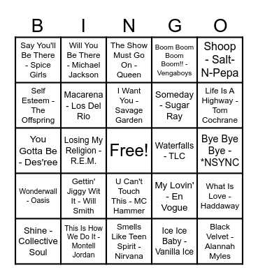 90's Hits! Bingo Card