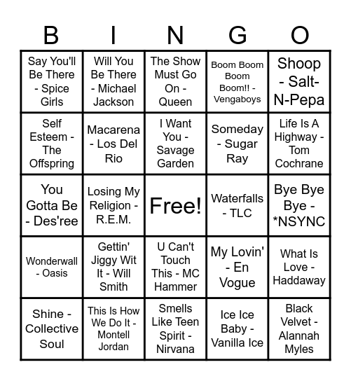 90's Hits! Bingo Card