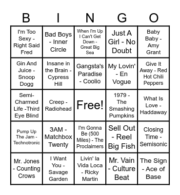90's Hits! Bingo Card