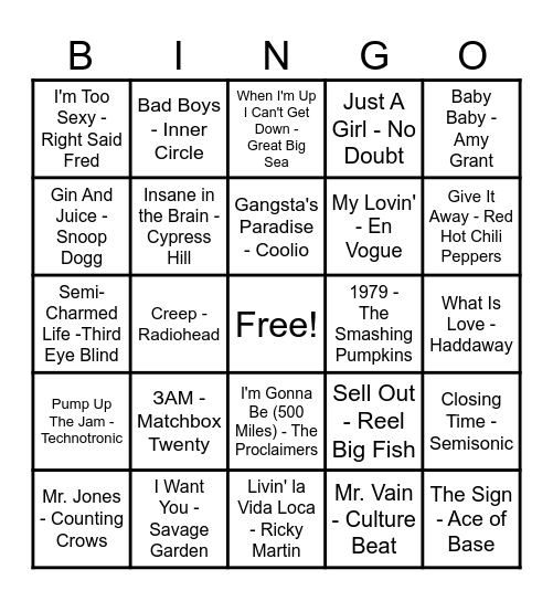 90's Hits! Bingo Card