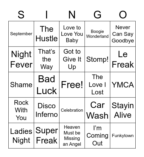 Disco Singo Bingo Card