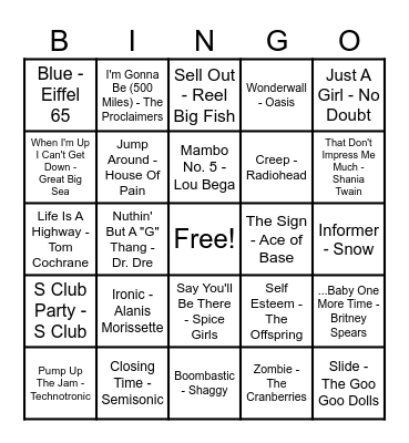 90's Hits! Bingo Card