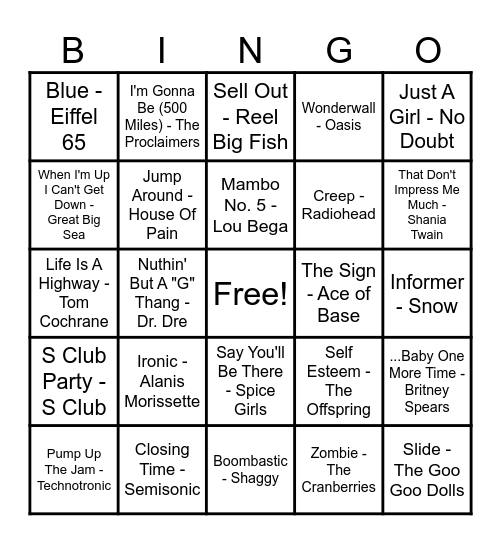 90's Hits! Bingo Card