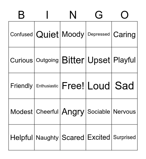 Feelings and personality Bingo Card