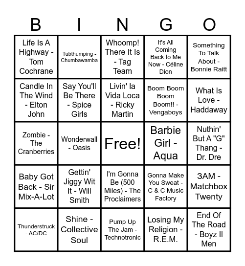 90's Hits! Bingo Card