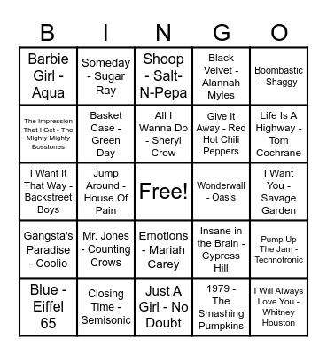 90's Hits! Bingo Card