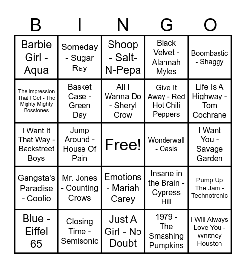 90's Hits! Bingo Card