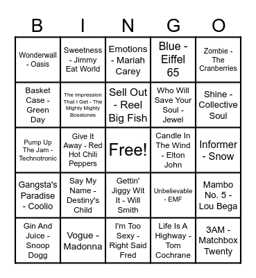 90's Hits! Bingo Card