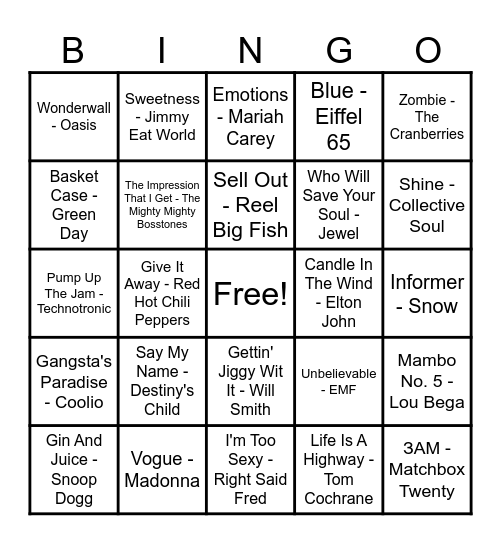 90's Hits! Bingo Card