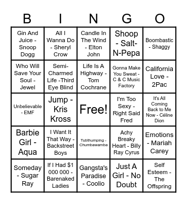 90's Hits! Bingo Card