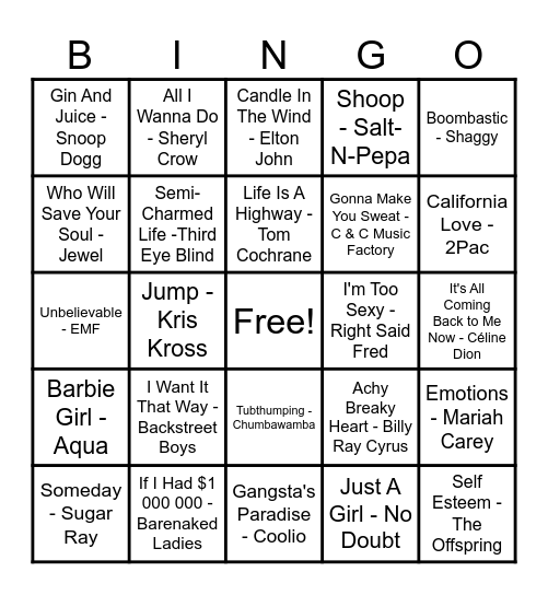 90's Hits! Bingo Card