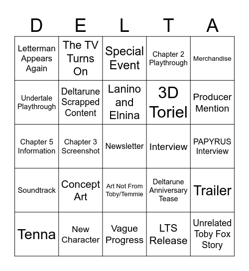 Undertale 9th Anniversary Bingo Card