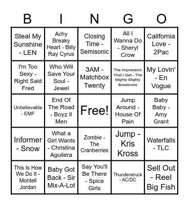 90's Hits! Bingo Card