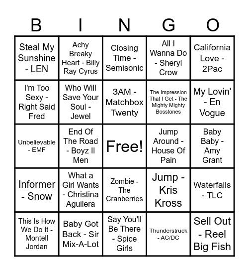 90's Hits! Bingo Card