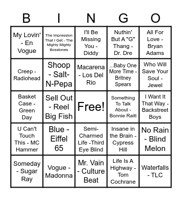 90's Hits! Bingo Card