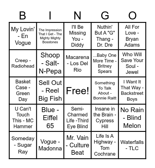 90's Hits! Bingo Card