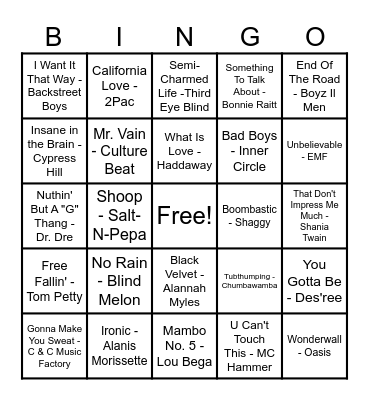 90's Hits! Bingo Card