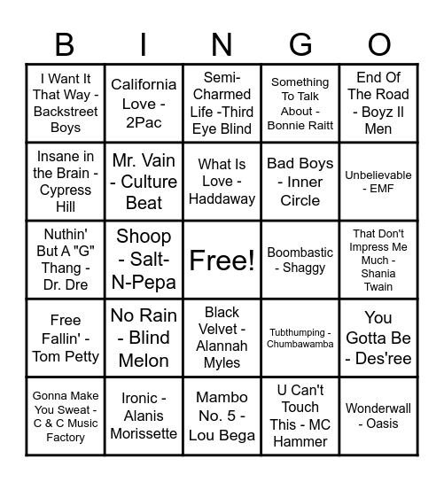 90's Hits! Bingo Card