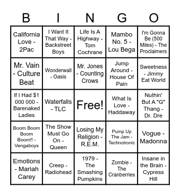 90's Hits! Bingo Card