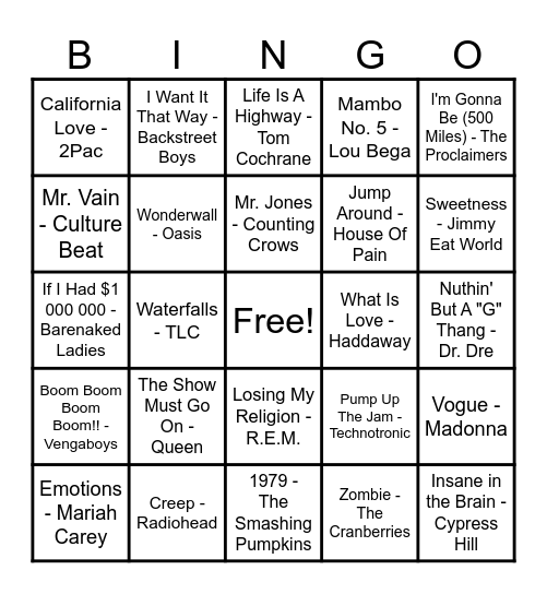 90's Hits! Bingo Card