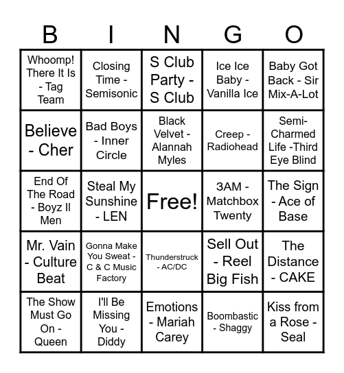 90's Hits! Bingo Card