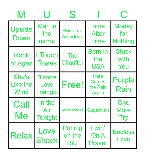 Songs from the 80's Bingo Card