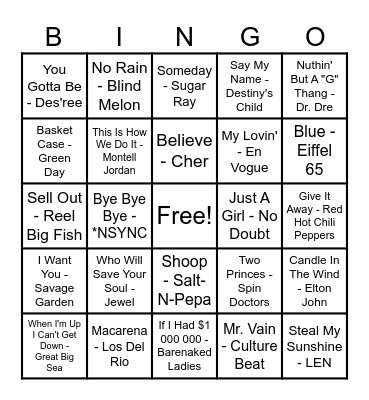 90's Hits! Bingo Card