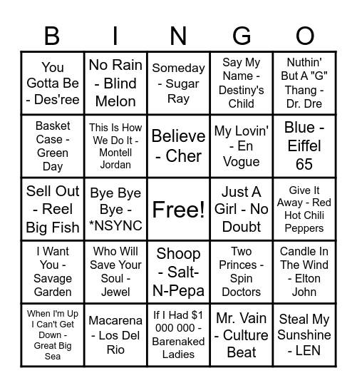 90's Hits! Bingo Card