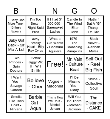 90's Hits! Bingo Card