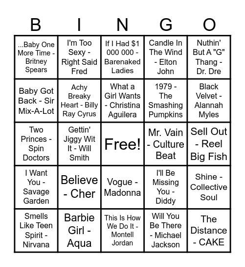 90's Hits! Bingo Card
