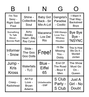 90's Hits! Bingo Card