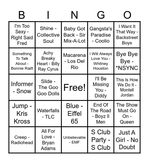 90's Hits! Bingo Card