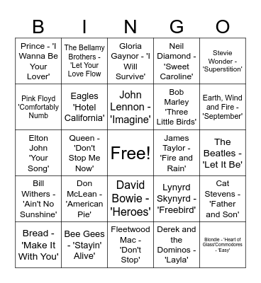 Music Bingo 70s Edition Bingo Card
