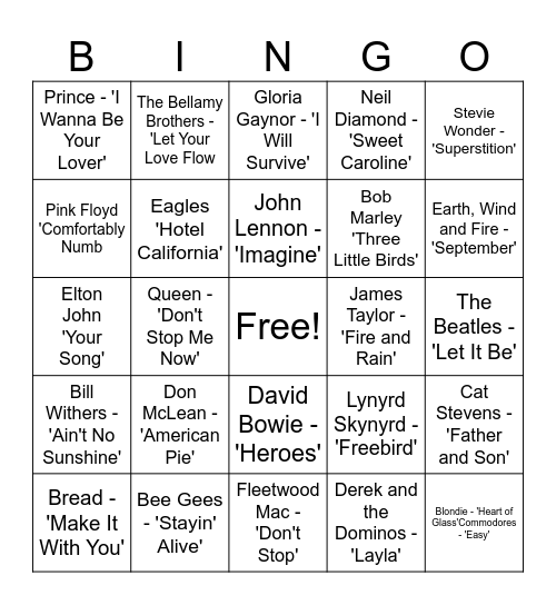 Music Bingo 70s Edition Bingo Card