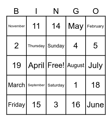 Jour/Mois/Nombres Bingo Card