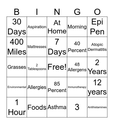 Allergy BINGO Card