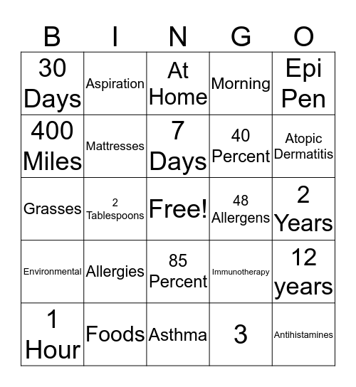 Allergy BINGO Card