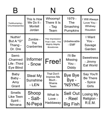 90's Hits! Bingo Card