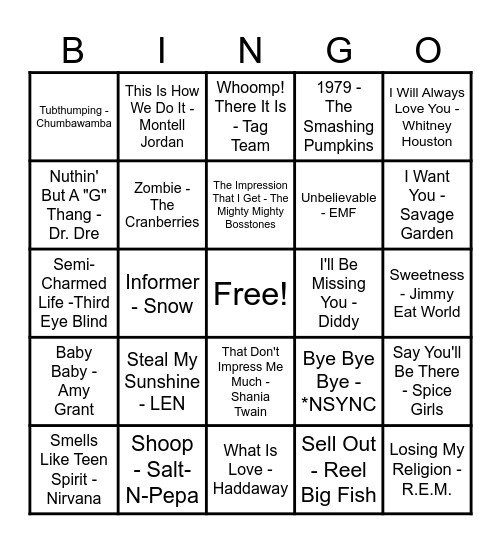 90's Hits! Bingo Card