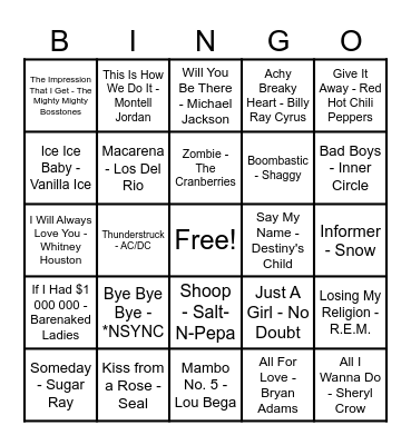 90's Hits! Bingo Card
